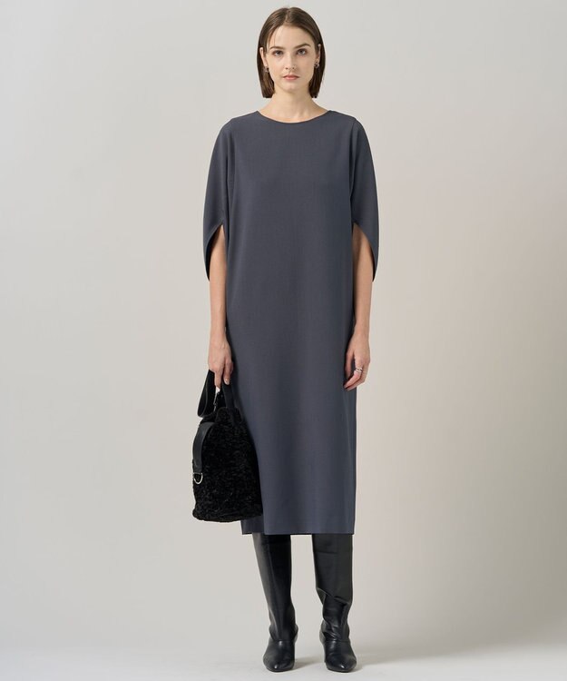 ICB 【洗える】 ウールライクストレッチ ドルマンスリーブワンピース ブルーグレー系