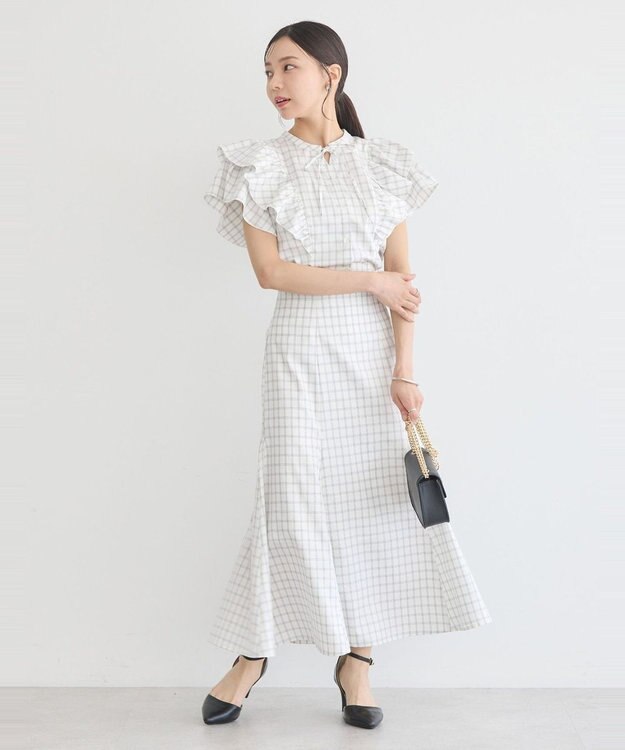 earth music&ecology 裾フレアチェックスカート Off White