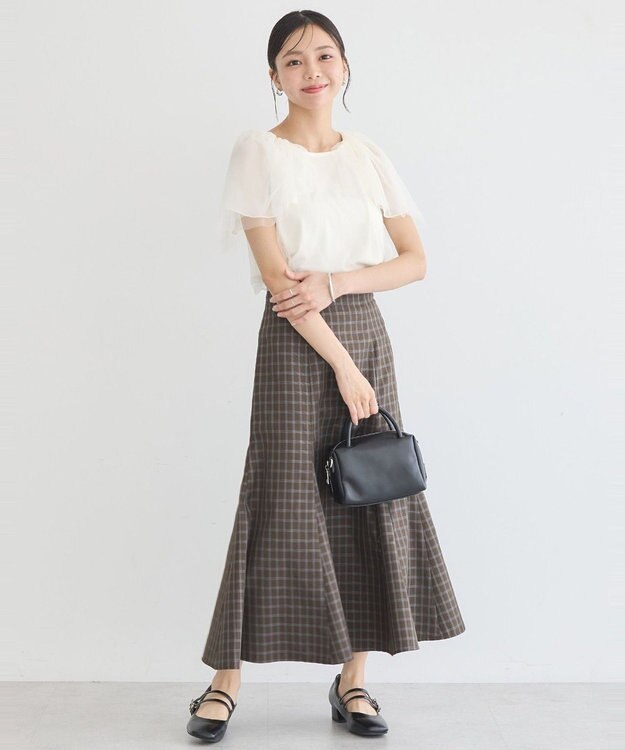 earth music&ecology 裾フレアチェックスカート Dark Brown