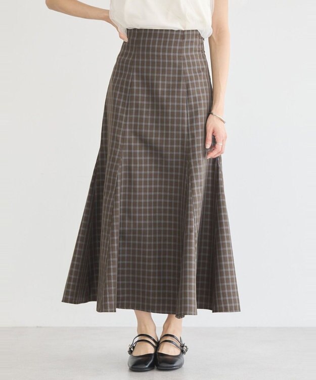 earth music&ecology 裾フレアチェックスカート Dark Brown
