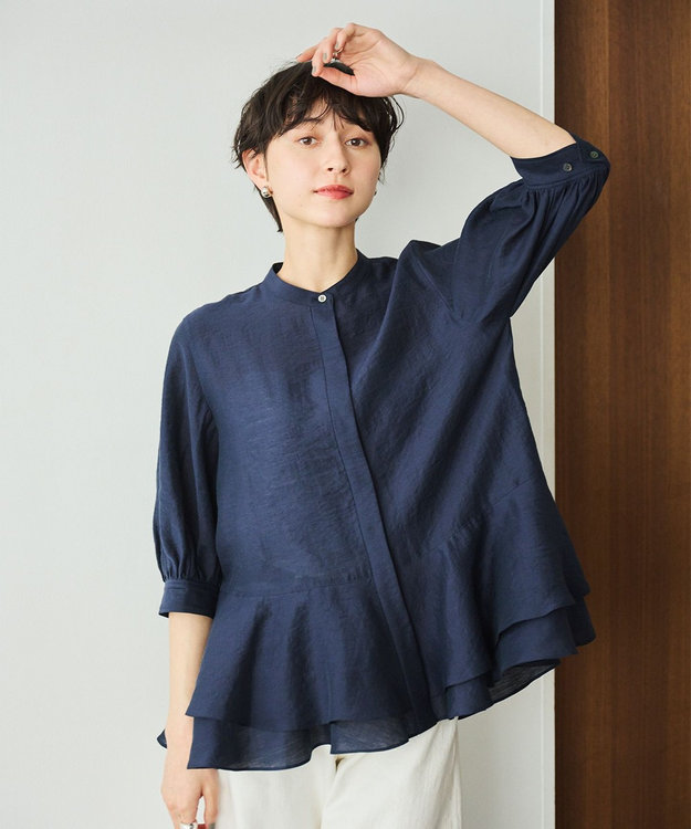 #Newans 【洗える】ダブルフリルヘムシアーシャツ ネイビー