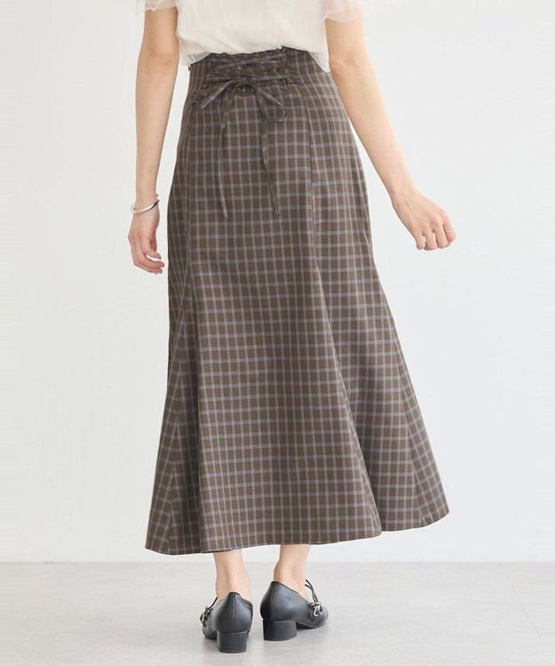 earth music&ecology 裾フレアチェックスカート Dark Brown