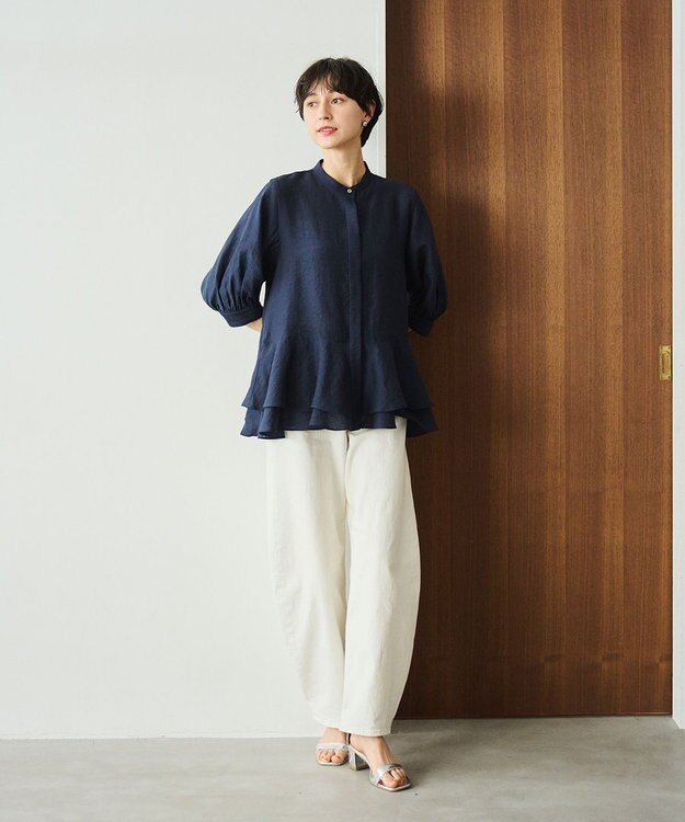 #Newans 【洗える】ダブルフリルヘムシアーシャツ ネイビー