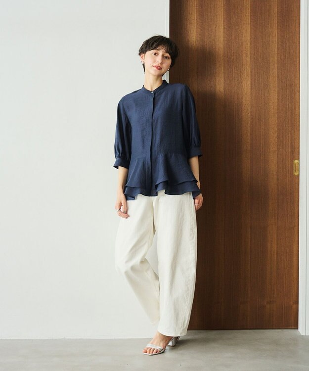 #Newans 【洗える】ダブルフリルヘムシアーシャツ ネイビー