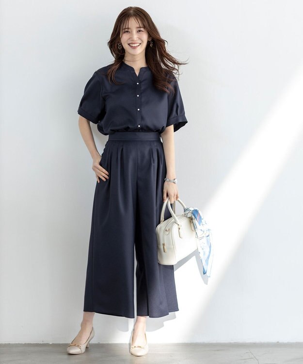 ANY SIS 【接触冷感・UVカット・速乾】スムージーポリエステル 2WAY ブラウス ネイビー