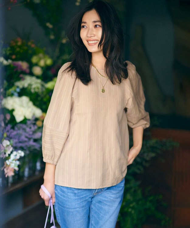 23区 L 【洗える】カラミストライプ パフスリーブ ブラウス キャメル系