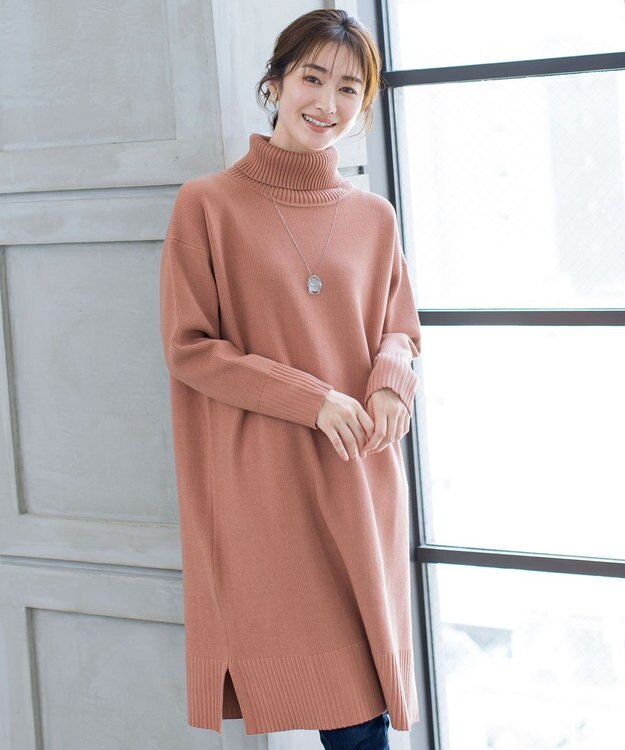 Tiaclasse 【洗える】華のあるニットタートルワンピース オレンジ