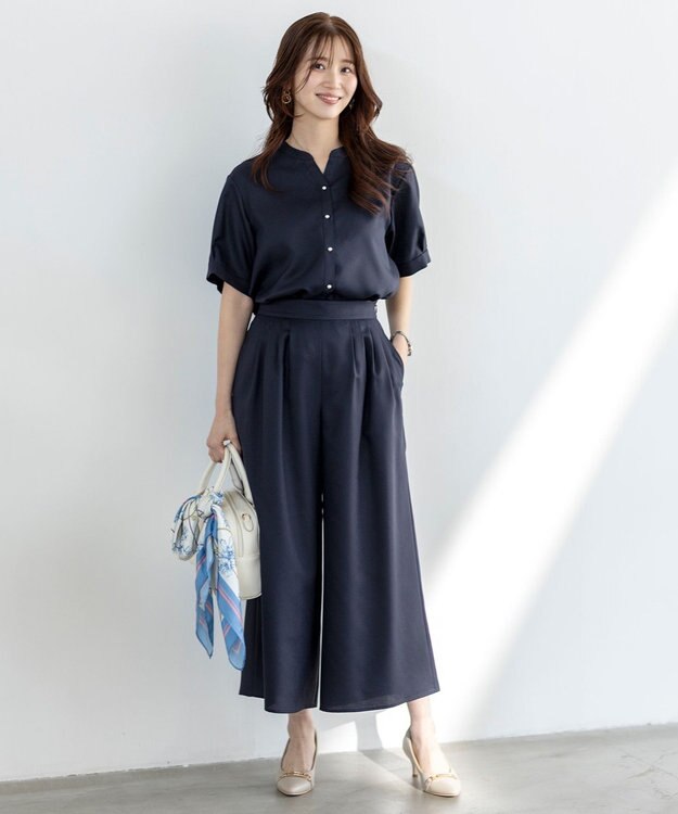 ANY SIS 【接触冷感・UVカット・速乾】スムージーポリエステル 2WAY ブラウス ネイビー