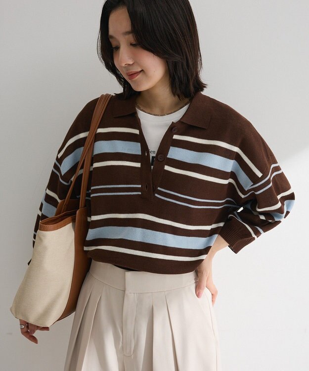 Green Parks 衿付き７分袖ニットプルオーバー Brown