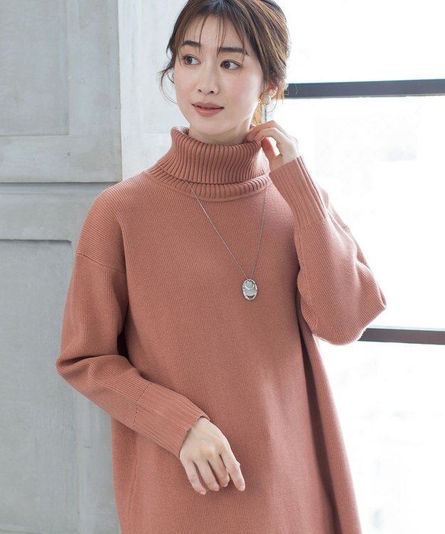 Tiaclasse 【洗える】華のあるニットタートルワンピース オレンジ