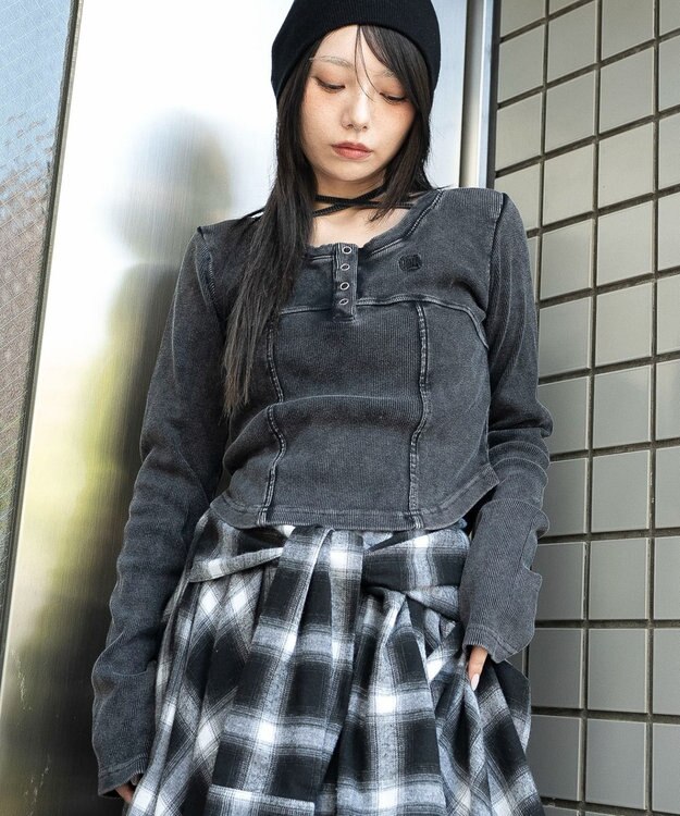 WEGO ヴィンテージウォッシュネックリボントップス スミクロ