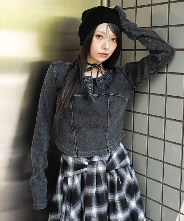 WEGO ヴィンテージウォッシュネックリボントップス スミクロ