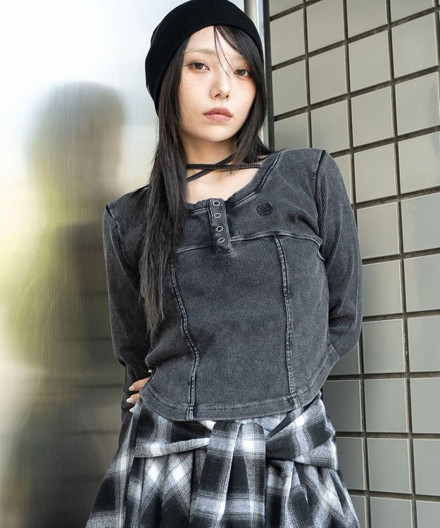 WEGO ヴィンテージウォッシュネックリボントップス スミクロ