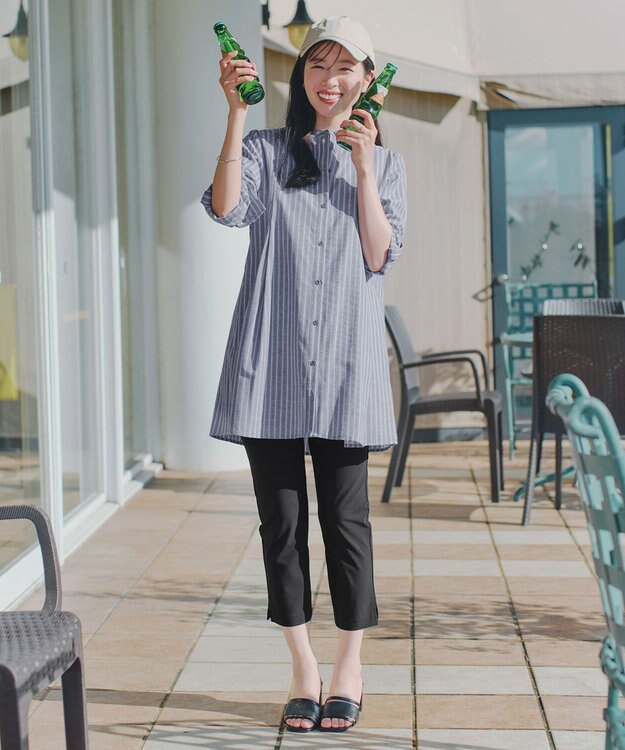 Tiaclasse L 【新色追加】バンドカラーシャツチュニックブラウス ネイビーストライプ