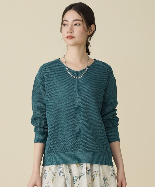 自由区 L リネンミドルゲージプルオーバー ニット ターコイズ
