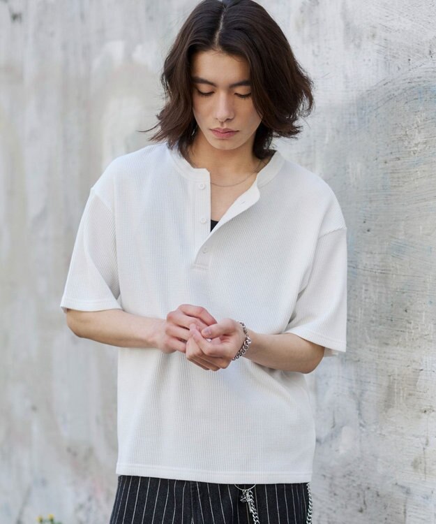 WEGO 【ユニセックス着用ITEM/MLサイズ展開】ワッフルヘンリーネックT（SS） ホワイト