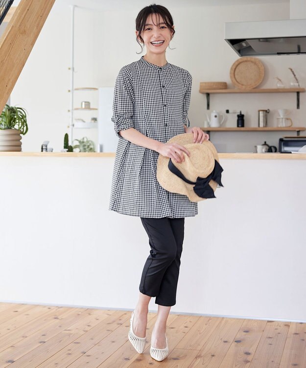 Tiaclasse L 【新色追加】バンドカラーシャツチュニックブラウス ブラックチェック