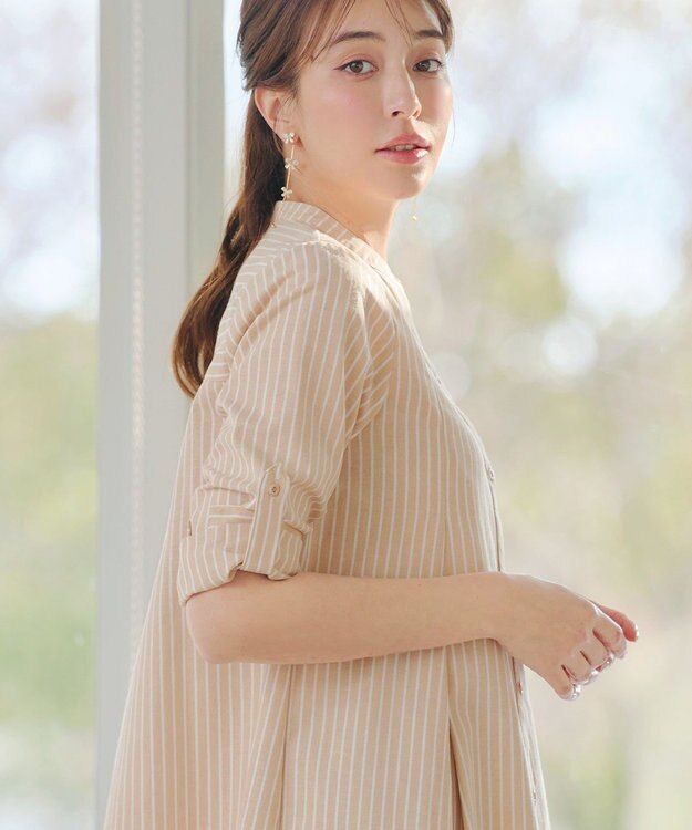 Tiaclasse L 【新色追加】バンドカラーシャツチュニックブラウス ベージュストライプ