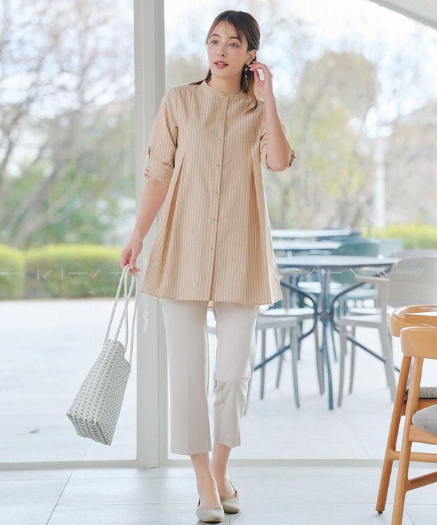 Tiaclasse L 【新色追加】バンドカラーシャツチュニックブラウス ベージュストライプ