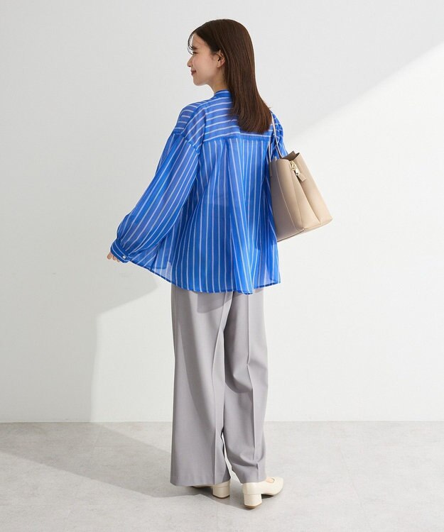 Green Parks フレアラインスキッパーブラウス Stripe Sax
