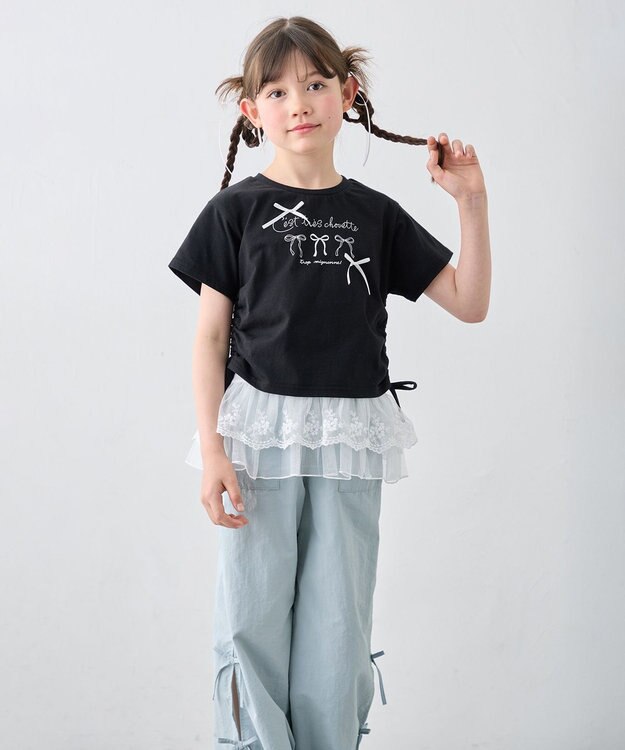 ANY KIDS 【洗濯機可能】ドロスト 裾リボンTシャツ ブラック