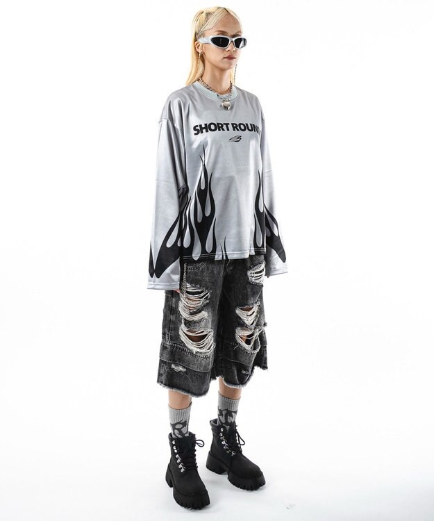 WEGO 【ユニセックス着用ITEM】ファイヤーパターンゲームロゴT（長袖） グレー