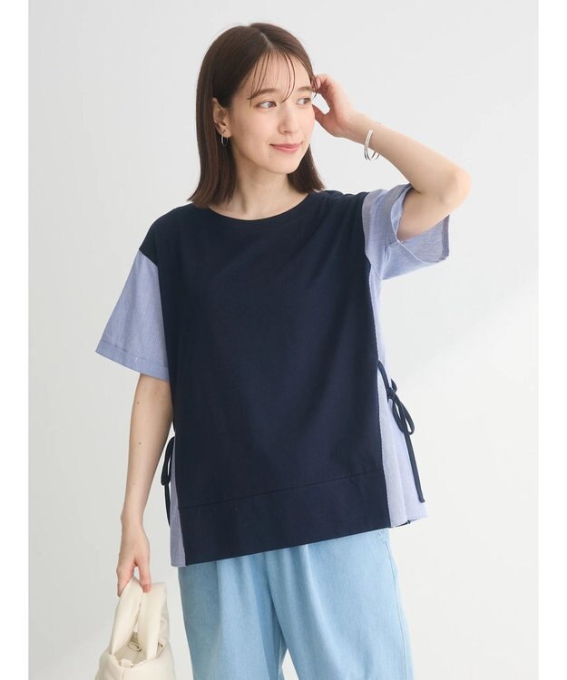 Green Parks 脇リボン５分袖布帛ドッキングプルオーバー Navy