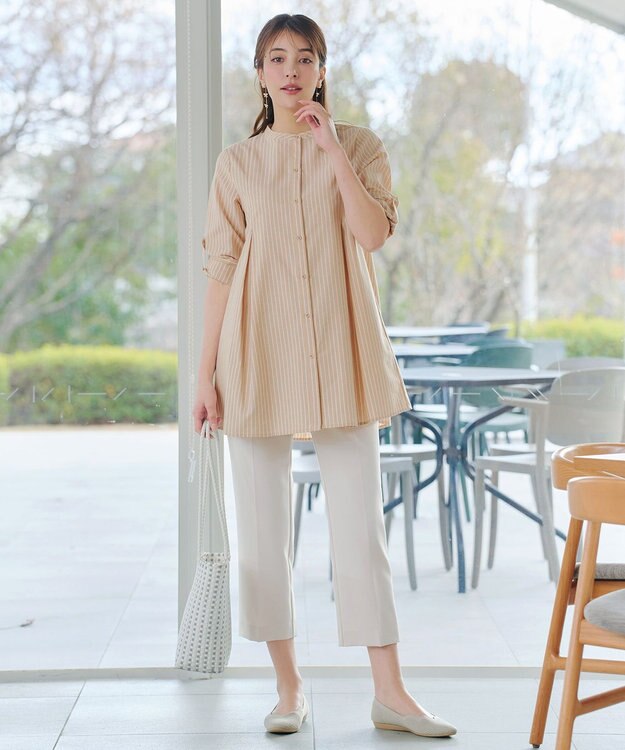 Tiaclasse L 【新色追加】バンドカラーシャツチュニックブラウス ベージュストライプ