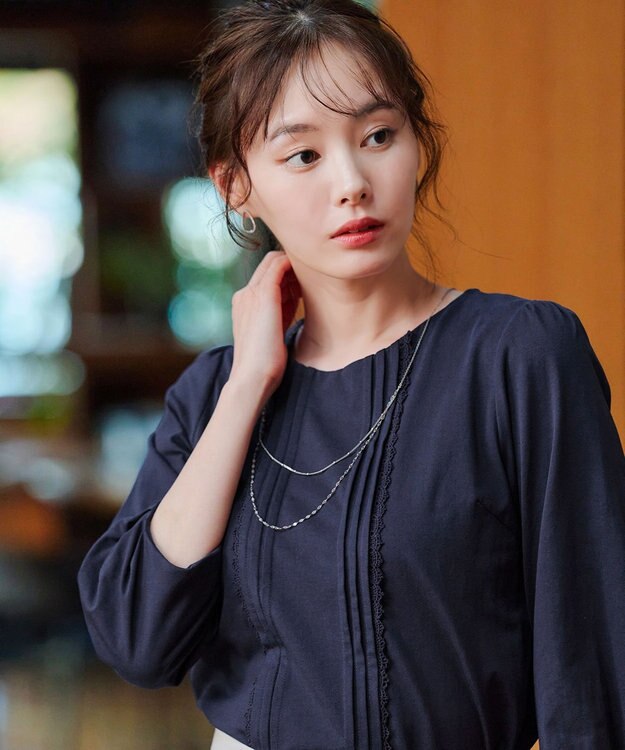 Tiaclasse 【洗える】ピンタックレースカットソーTブラウス ネイビー