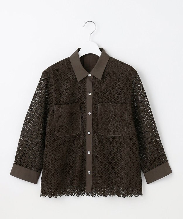 自由区 【ドラマ「明日はもっと いい日になる」着用】【洗える】ジオメトリックフラワーレースクロップド丈シャツ ブラウス [新色]ダークオリーブ