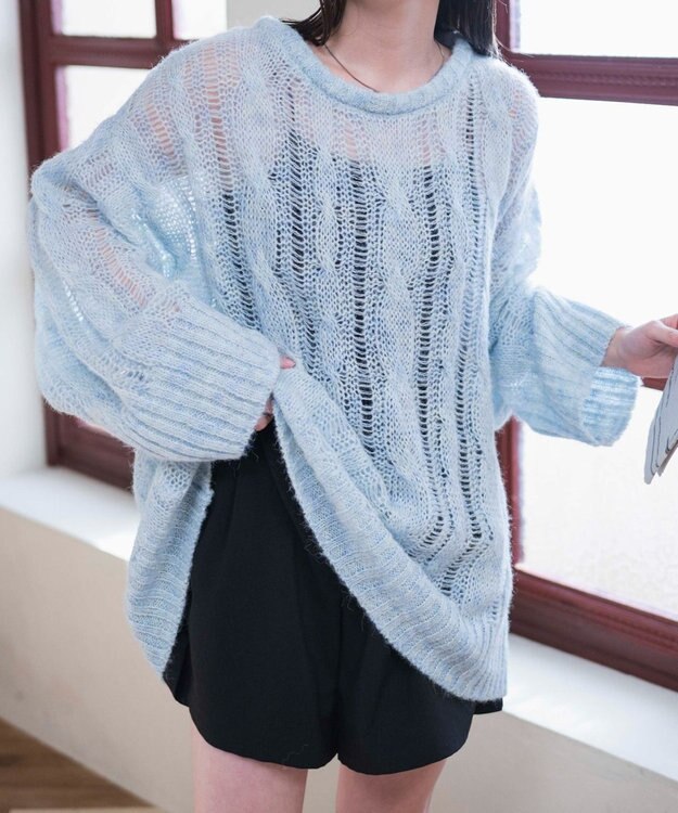 WEGO ケーブルメッシュメランジニット サックス