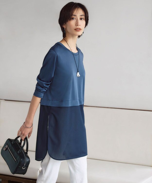 ICB L 【洗える】シアージャージーコンビ カットソー ブルーグレー系