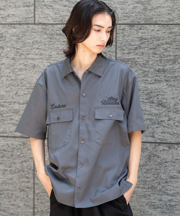 WEGO 【ユニセックス着用ITEM】刺繍ロゴツイルワークシャツ ブラック中濃色