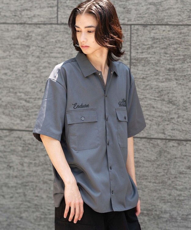 WEGO 【ユニセックス着用ITEM】刺繍ロゴツイルワークシャツ ブラック中濃色