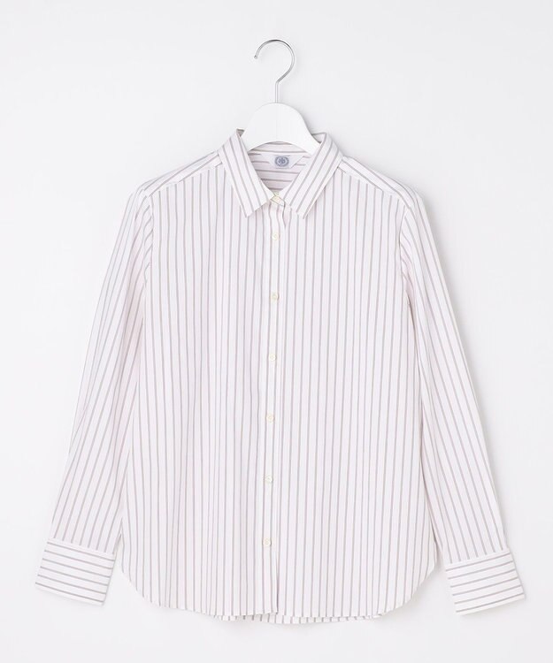 J.PRESS LADIES BEZコットンナイロン ストライプ シャツカラー ブラウス ホワイト×ピンク×ネイビー系