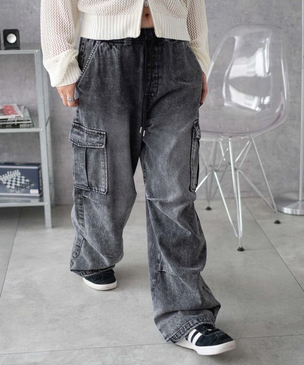 WEGO 【XS～Mサイズ展開/ウエストゴム 】デニムイージーパラシュートカーゴパンツ デニムブラックソノタ