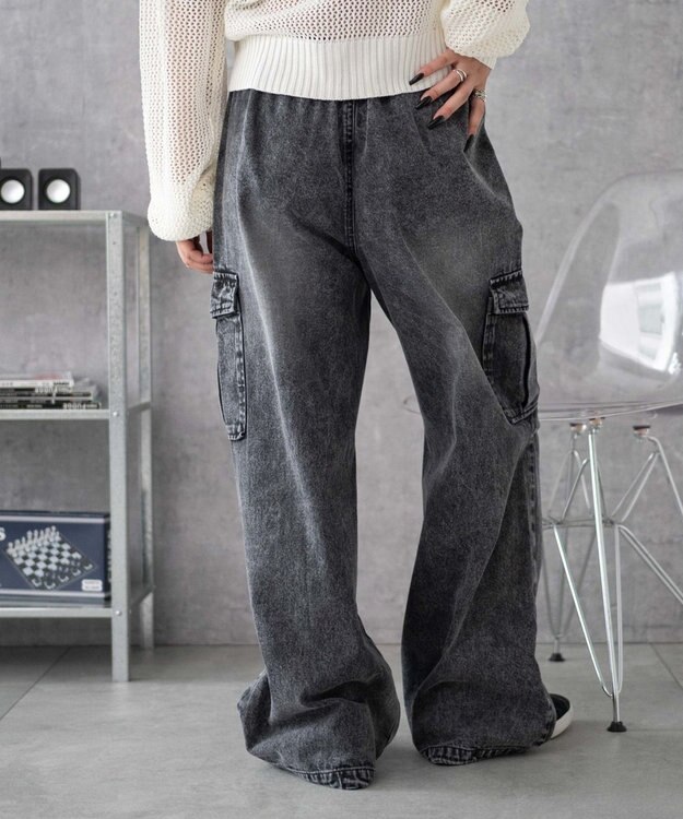 WEGO 【XS～Mサイズ展開/ウエストゴム 】デニムイージーパラシュートカーゴパンツ デニムブラックソノタ