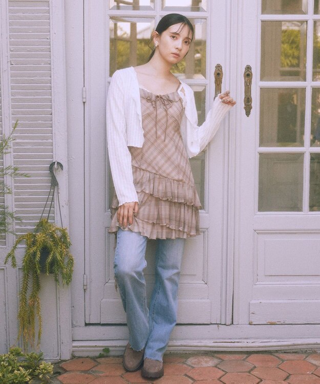 earth music&ecology フロントリボンチェックミニキャミワンピース Check Brown