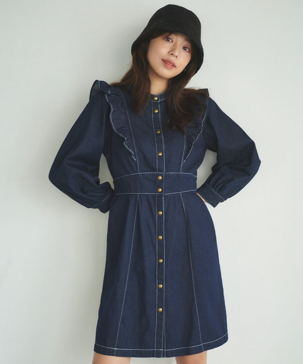 Feroux 【洗える】デニムミディ ワンピース ネイビー系