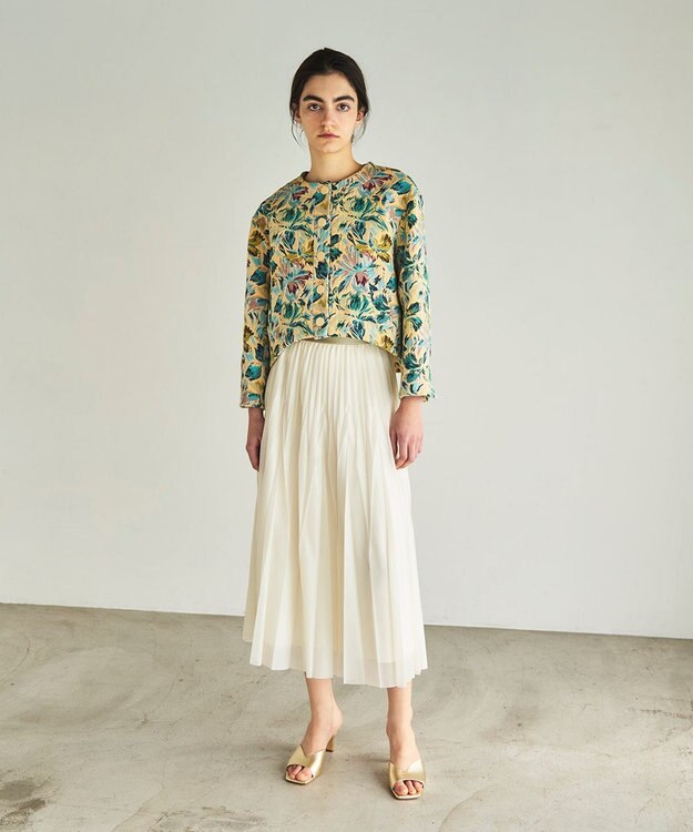 GRACE CONTINENTAL フラワージャガードノーカラージャケット イエロー