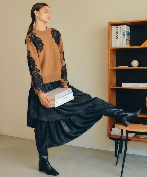 YECCA VECCA ラメティアードギャザースカート Black