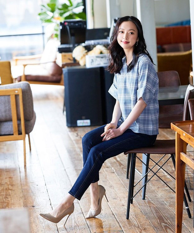 Tiaclasse L 【洗える】ゆったりシルエットの幅広カフスブラウス ブルーチェック