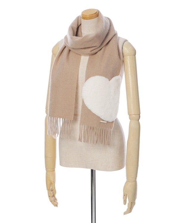 MOONBAT 【WEB限定】フルラ (FURLA)エコファー付きマフラー 無地×ハート　ウールマフラー ロゴプレート付き ベージュ