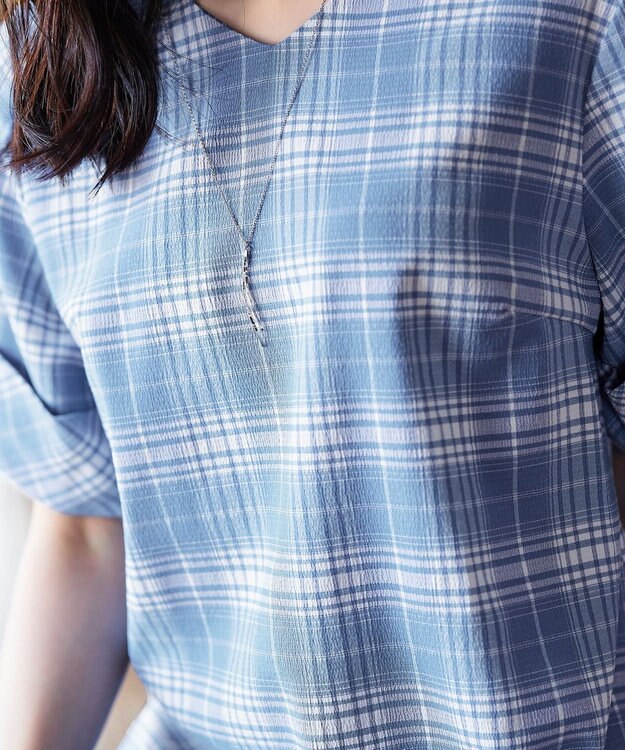 Tiaclasse L 【洗える】ゆったりシルエットの幅広カフスブラウス ブルーチェック