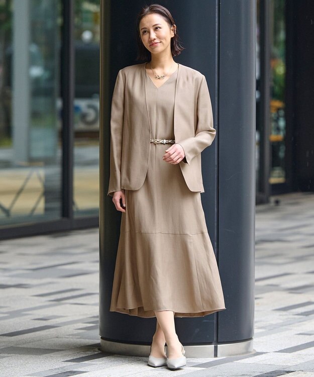 自由区 【XSサイズ～/洗える/セット可】キュプラリネンシャンタン ノーカラージャケット ベージュ系