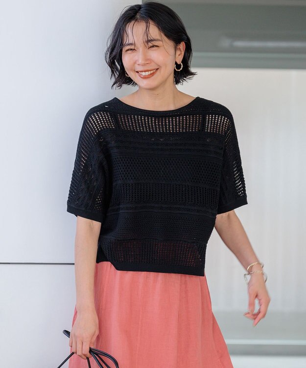 23区 S 【洗える】レーシーパターン ニット ブラック系