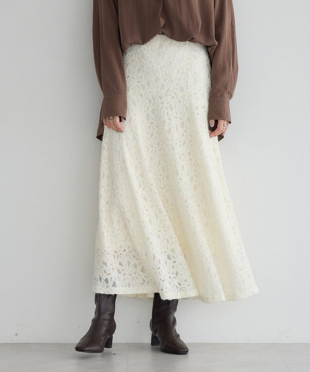 YECCA VECCA フラワー起毛レースマーメイドスカート Off White