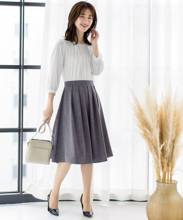 Tiaclasse 【洗える】ブラウスドッキングツイードワンピース オフホワイト×グレー