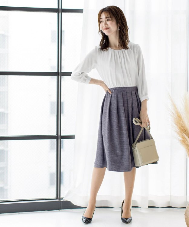 Tiaclasse 【洗える】ブラウスドッキングツイードワンピース オフホワイト×グレー