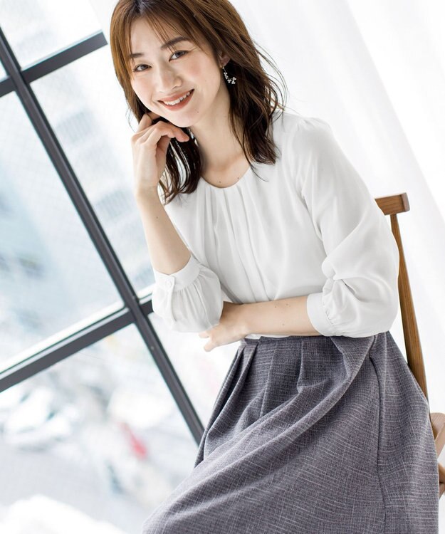 Tiaclasse 【洗える】ブラウスドッキングツイードワンピース オフホワイト×グレー